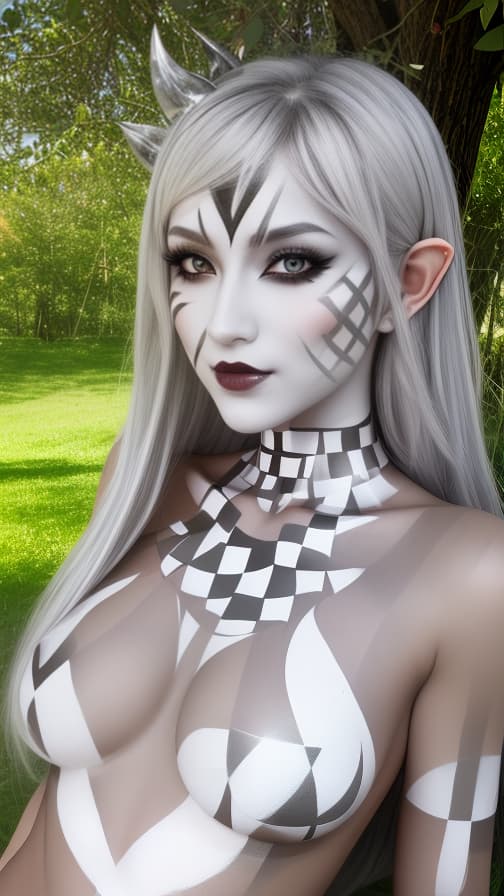  Chessboard check body paint in every corner of the body, Silver body paint all over the body, white face paint on the face, Dark elf 女性