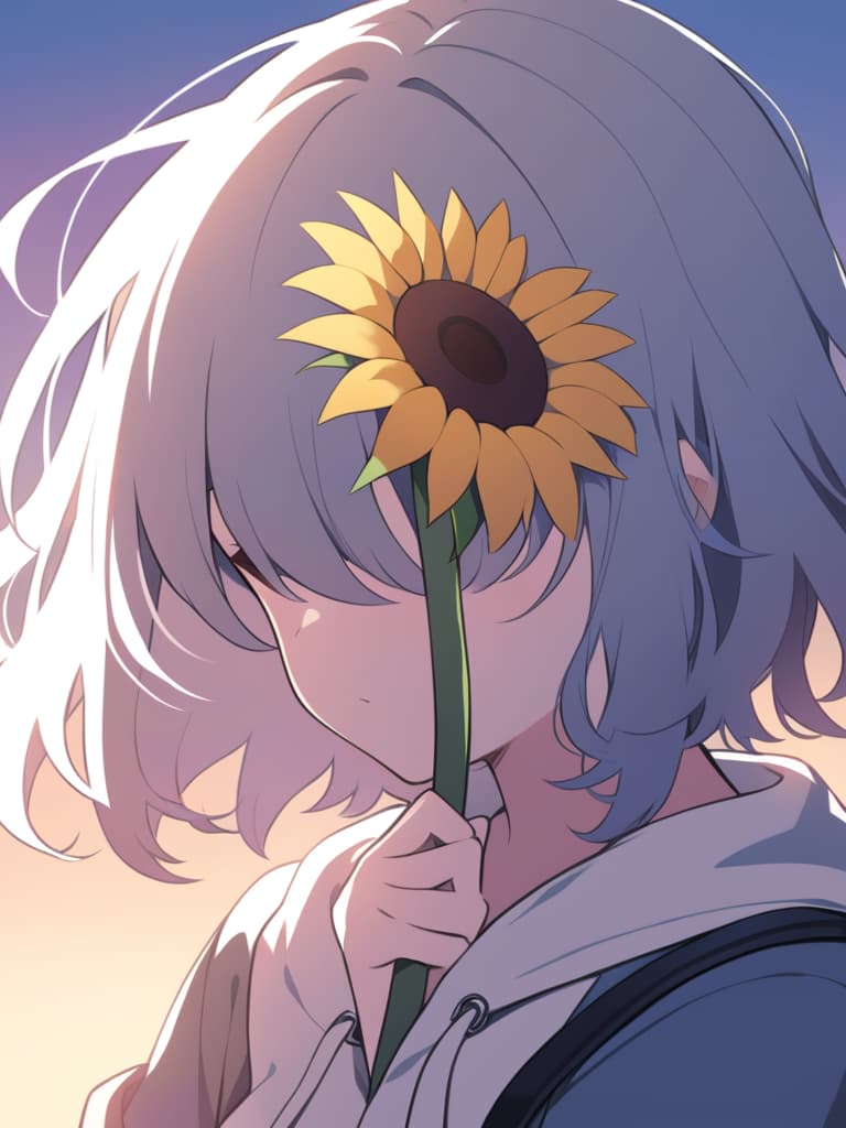  "create an illustration of a girl holding a sunflower while covering one of her eyes with the sunflower. the setting should be during sunset,with warm,golden hues in the background. the girl should have a gentle,serene expression,and her outfit can be casual and light to match the relaxed atmosphere of the evening."