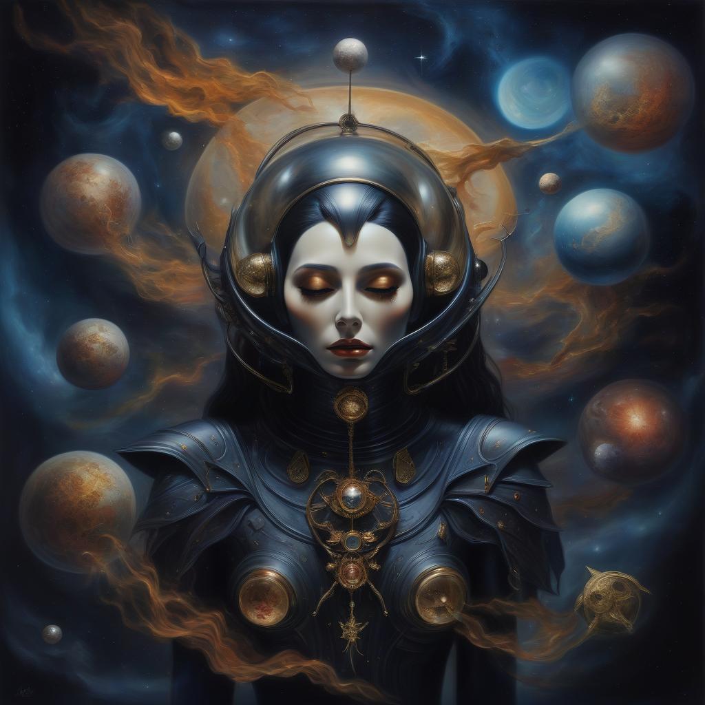  space themed (masterpiece:1 8, oil painting:1.5).(surrealism inspired by hedy xandt:1.4), which depicts a woman wearing a mysterious mask, symbolizing the merging of life and death. this fantasy work of art combines fantasy elements, dramatic lighting and a mystical atmosphere where reality and the supernatural intertwine. surrealism and dark fantasy. in style aфnato finnstark. . cosmic, celestial, stars, galaxies, nebulas, planets, science fiction, highly detailed