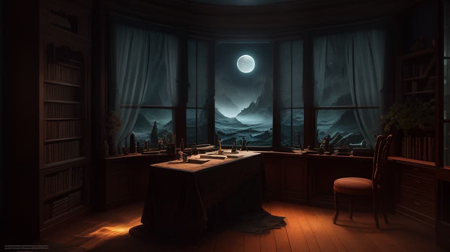  A night fantasy room with a ledge next to a big window filled with papers, glasses with paints and feathers for drawing. Next to the ledge is a shelf with books and glasses with magical potions. Outside the window, night and a bright moon. No table or chairs. hyperrealistic, full body, detailed clothing, highly detailed, cinematic lighting, stunningly beautiful, intricate, sharp focus, f/1. 8, 85mm, (centered image composition), (professionally color graded), ((bright soft diffused light)), volumetric fog, trending on instagram, trending on tumblr, HDR 4K, 8K