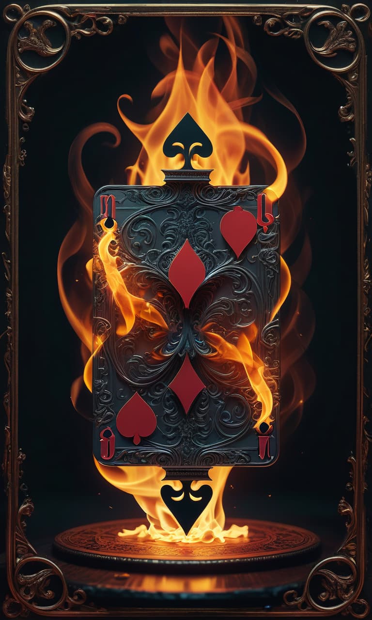  macabre style (picture, digital art:1.2), burning playing card with mesmerizing flames, perched elegantly on a table, intricate details capturing the fiery glow, (beautiful:1.3) avatar image, airbrushed art style, dynamic composition, vibrant colors, warm lights illuminating the scene, intense and captivating atmosphere, trending on digital art platforms. . dark, gothic, grim, haunting, highly detailed, civitai, glowneon