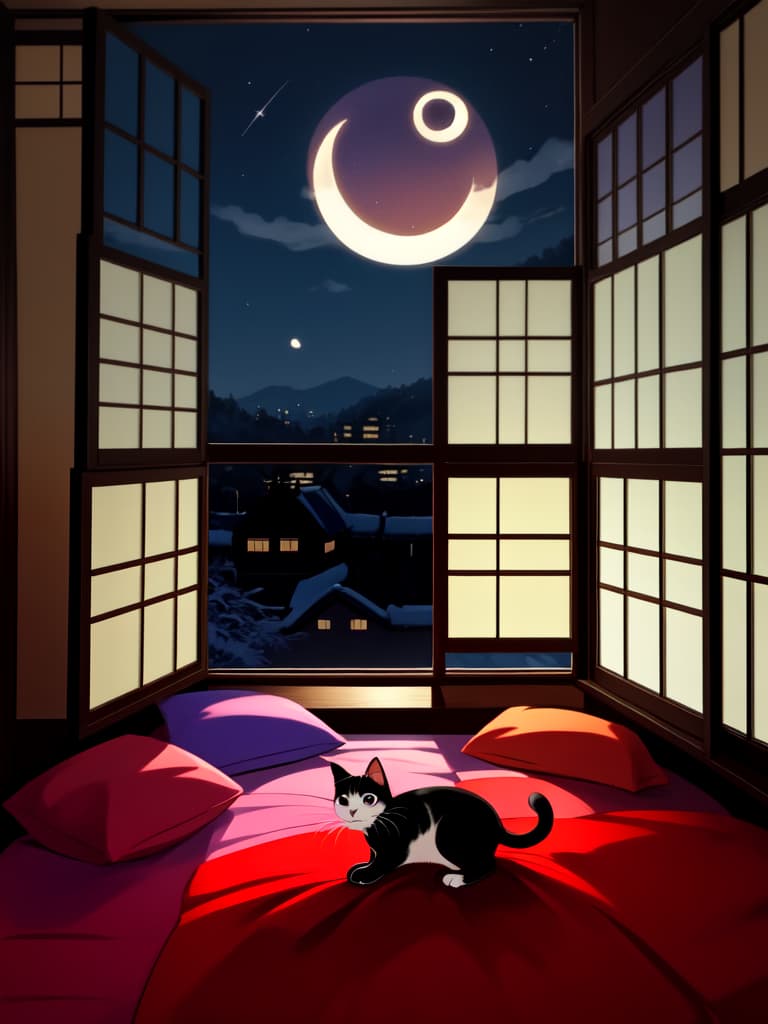  1cat,small cat ,japanese cat ,（（bed in dark room）），crescent moon on the window，sit on the bed ，look at the window ，view from the room to the window ，midnight,