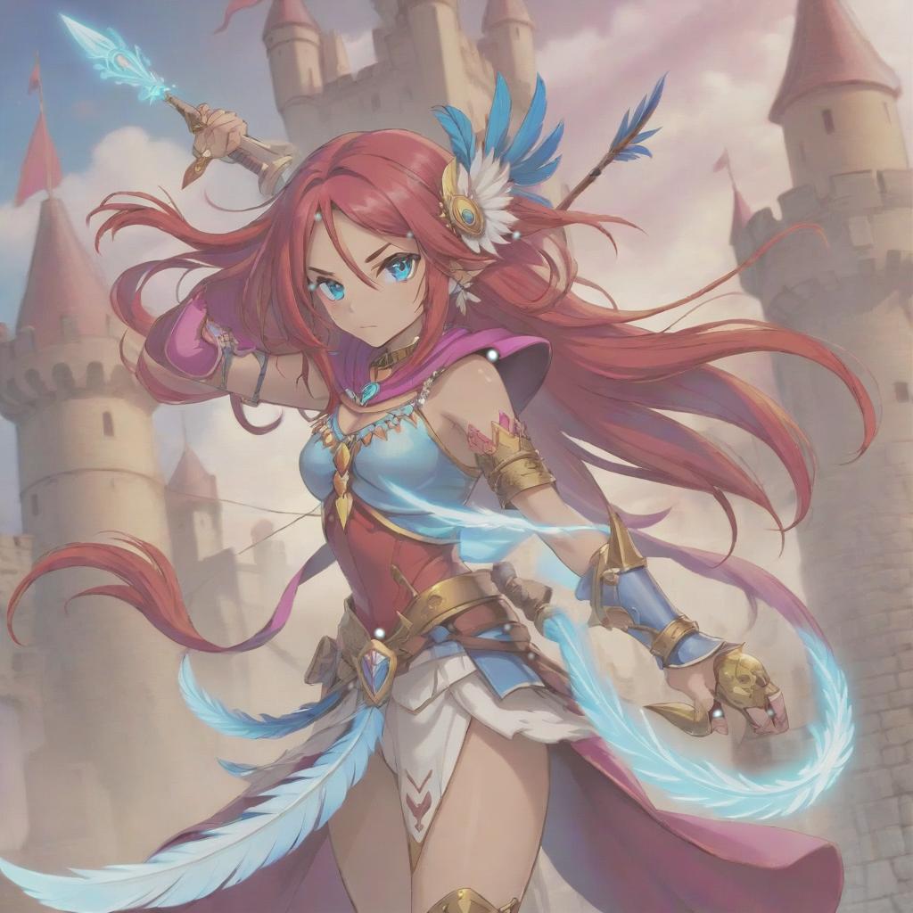  long exposure photo of portrait of strong rage amazonas queen archer. blue eye. long red hair. tilting head down, magenta mantle, shoulder pad feather, accessory necklace with pearls on the forehead, against the background of the castle siege . blurred motion, streaks of light, surreal, dreamy, ghosting effect, highly detailed, sticker, hkmagic