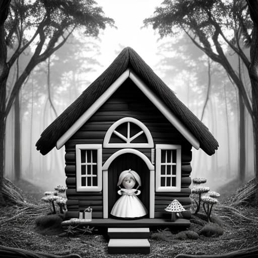  create a coloring book image in black and white for kids about a little girl living in a mushroom house in the forest. hyperrealistic, full body, detailed clothing, highly detailed, cinematic lighting, stunningly beautiful, intricate, sharp focus, f/1. 8, 85mm, (centered image composition), (professionally color graded), ((bright soft diffused light)), volumetric fog, trending on instagram, trending on tumblr, HDR 4K, 8K