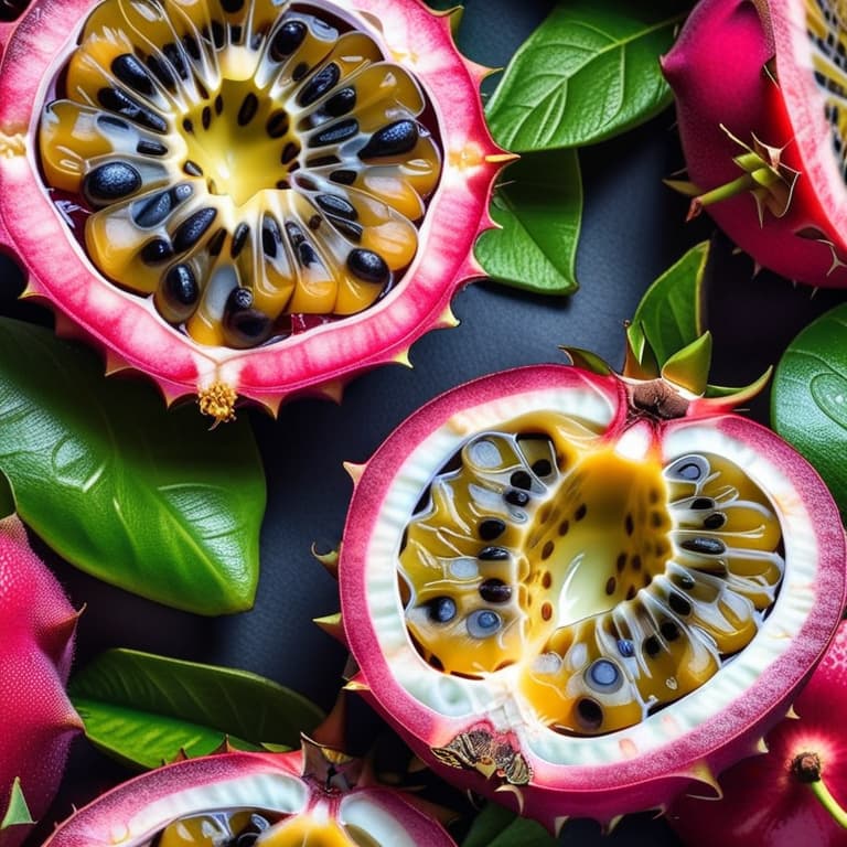  passion fruit with melon & dragon fruit hyperrealistic, full body, detailed clothing, highly detailed, cinematic lighting, stunningly beautiful, intricate, sharp focus, f/1. 8, 85mm, (centered image composition), (professionally color graded), ((bright soft diffused light)), volumetric fog, trending on instagram, trending on tumblr, HDR 4K, 8K