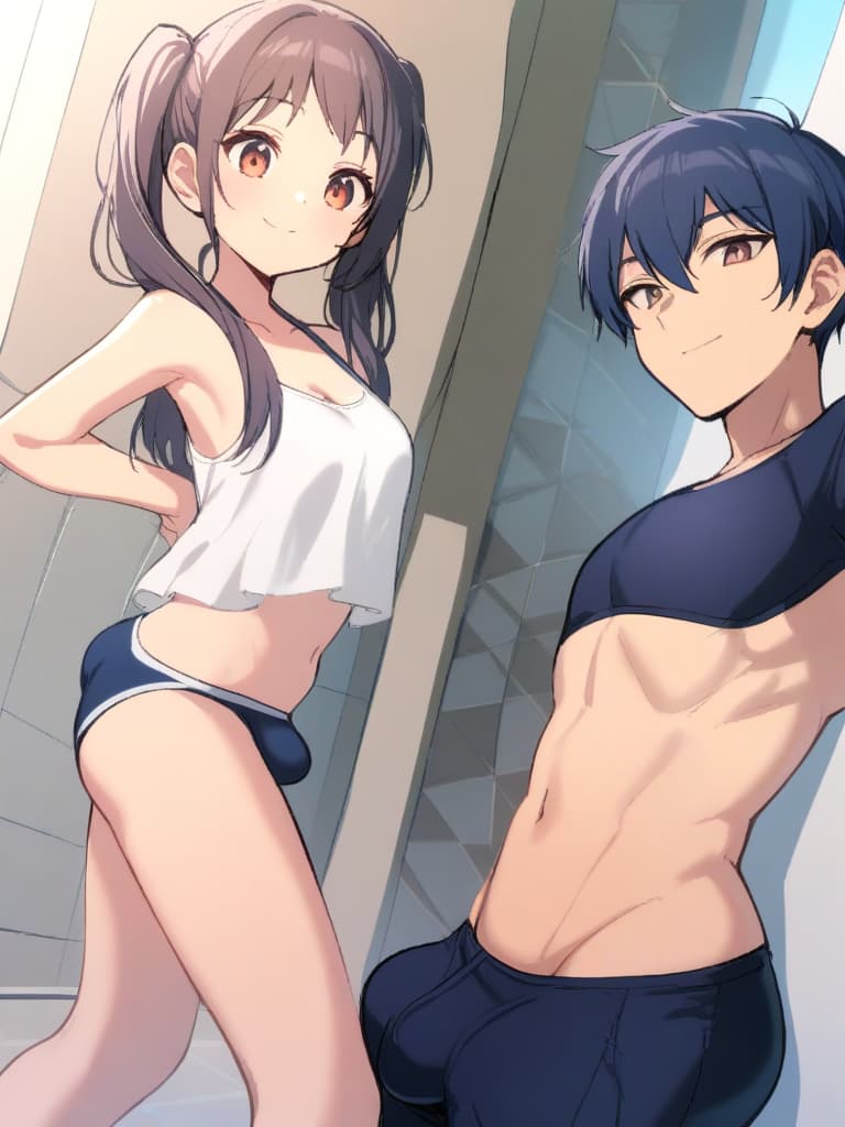  women's elementary students (male), twin tails, cute smiles, (rich s), low stature, dark blue swimwear, old swimwear, , simple (upward), male , (bulge), shaped clear , front , whole body, pool side,