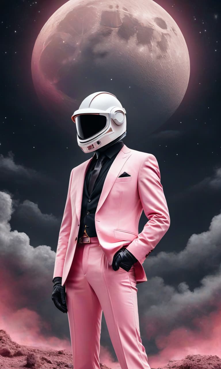  concept art color pink, white, black, gold night sky on the background of the moon stands a man in a suit facing us in a fart helmet . digital artwork, illustrative, painterly, matte painting, highly detailed, perfect hands