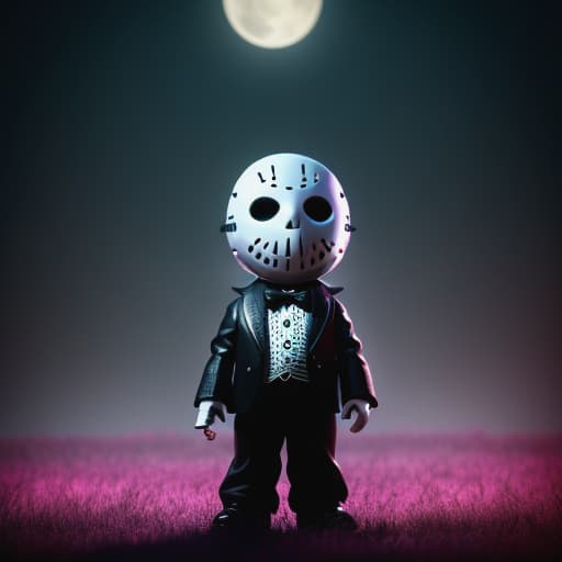   sized Jason Voorhees figure holding a doll who is also dressed like Jason Voorhees , ultra detailed, hyper focus, high res, unreal engine, masterpiece, horror theme, background s crib, full body, The Nightmare Before Valentines Day, Jack Skellington and Sally showing affection, a Valentine love fest, roses, hearts, night sky with moon in the background , style of Tim Burton, stop motion animation, depth of field, cinematic composition, , hyperrealistic, high quality, highly detailed, cinematic lighting, intricate, sharp focus, f/1. 8, 85mm, (centered image composition), (professionally color graded), ((bright soft diffused light)), volumetric fog, trending on instagram, HDR 4K, 8K