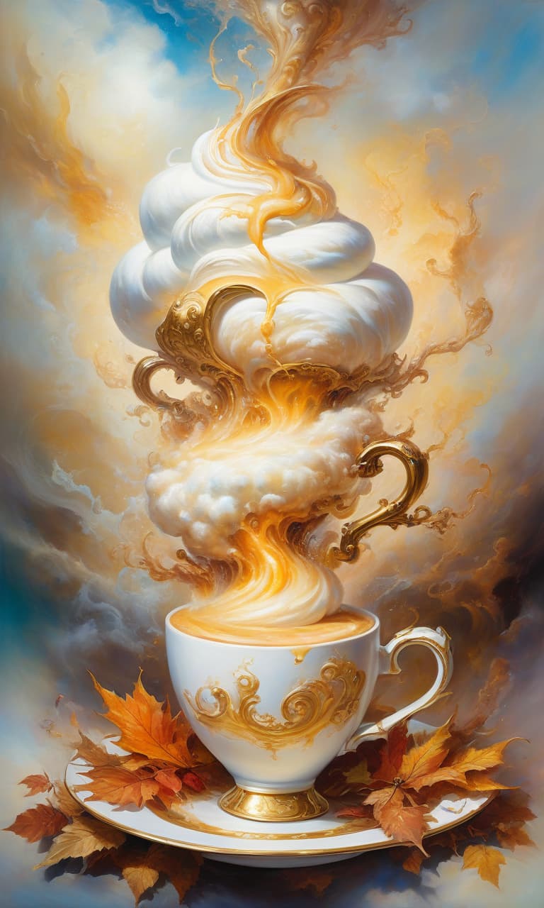  oil painting. highly detailed image with double exposure and layering of textures. distant plan. white coffee cup, appetising coffee:: topping, whipped cream. steam from the cup. pastel coloured background: surrealist abstractionism. emerging from the steam are light thin floral patterns, autumn themed drawings. thin golden patterns of mysticism and magic:: frame, vignette. contrast of bright cup and muted background colours. stylistics: neorococo, fantasy abstraction, surrealism, mystery. in the manner of andrew jones, fragonard, jacek jerka, mark keatley, james christensen. high quality.