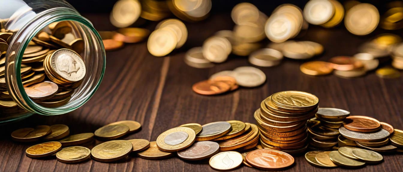  macro photography, a clear jar filled with coins, transforming into a glowing light, symbolizing financial freedom and enlightenment, close up, macro 100mm, macro photography