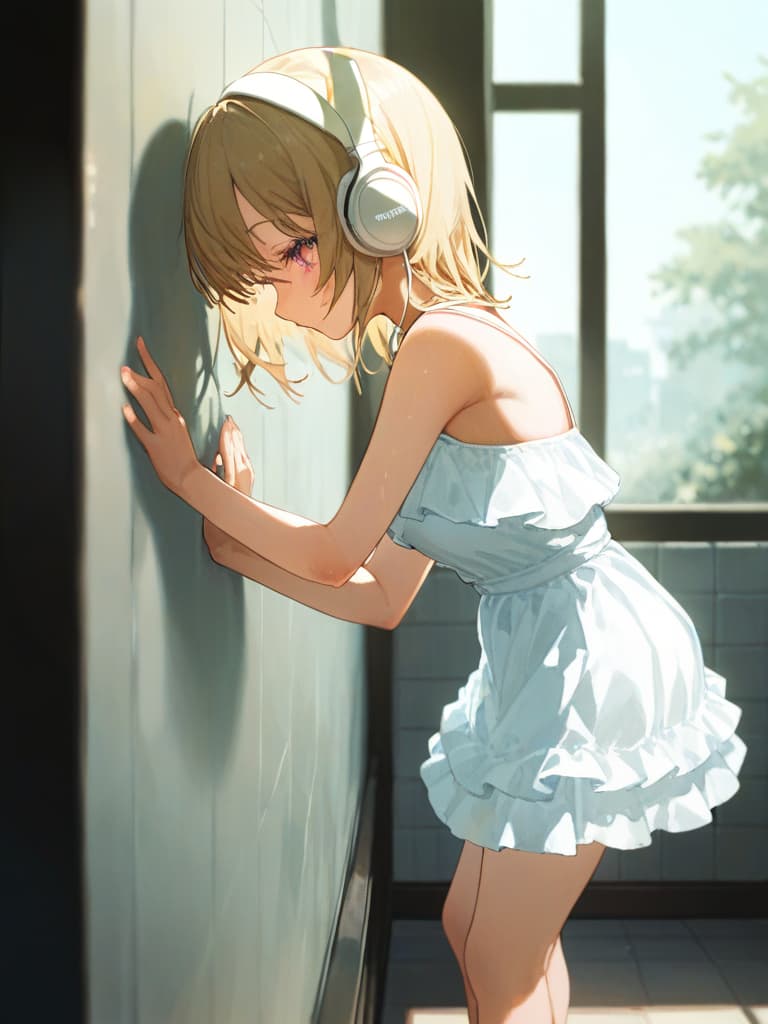  white frilled dress swimwear, back, blonde twin tail, white headphones, whole body, foot, hugging on the wall, pose protruding , tile wall, small , , masterpiece, best quality,8k,ultra detailed,high resolution,an extremely delicate and beautiful,hyper detail