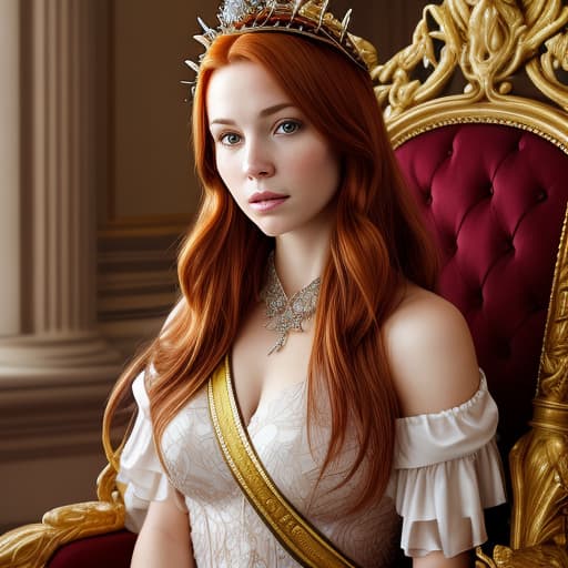  Portrait of a beautiful auburn - haired woman with a guilded crown sitting on a throne with heightened detail