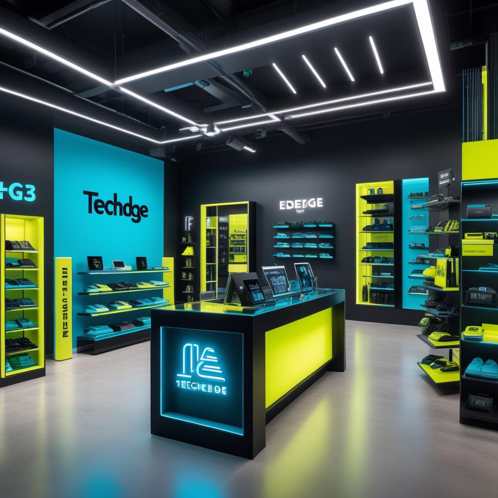  A modern, edgy tech store branding visualization with the name 'TechEdge'. The design should incorporate a Neon and Dark color theme. The primary colors should be Neon Green (#39FF14) and Electric Blue (#7DF9FF). The secondary colors should be Dark Graphite (#2A2A2A) and Charcoal (#4A4A4A). Include accent colors like Neon Yellow (#FFFF33) and Bright Cyan (#00FFFF). The logo should have a tech-inspired design, and the store elements should reflect a sleek, modern, and futuristic aesthetic. Include sample elements like a homepage banner, product category icons, and a color palette swatch. hyperrealistic, full body, detailed clothing, highly detailed, cinematic lighting, stunningly beautiful, intricate, sharp focus, f/1. 8, 85mm, (centered image composition), (professionally color graded), ((bright soft diffused light)), volumetric fog, trending on instagram, trending on tumblr, HDR 4K, 8K