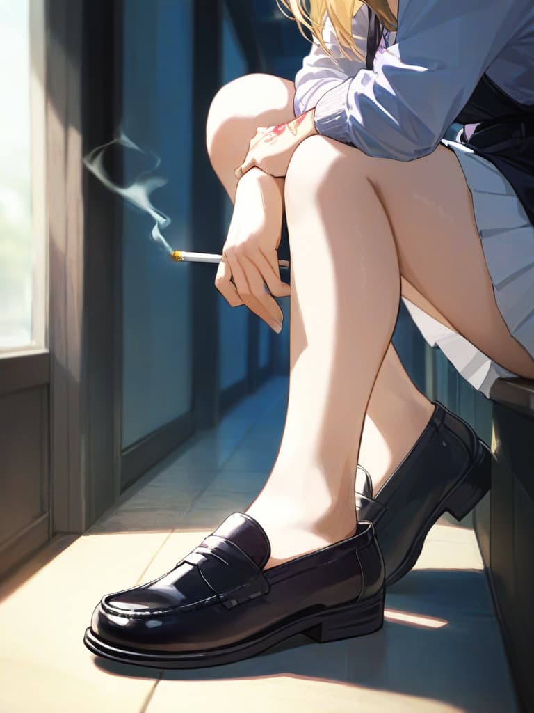  s wearing black loafers, s with blonde bob cut, white pleated s, white pleated s, s wearing spider nests on the left arm, s who smoke cigarettes, purple on the left . a with a rose tattoo, a cigarette, s a cigarette, masterpiece, best quality,8k,ultra detailed,high resolution,an extremely delicate and beautiful,hyper detail