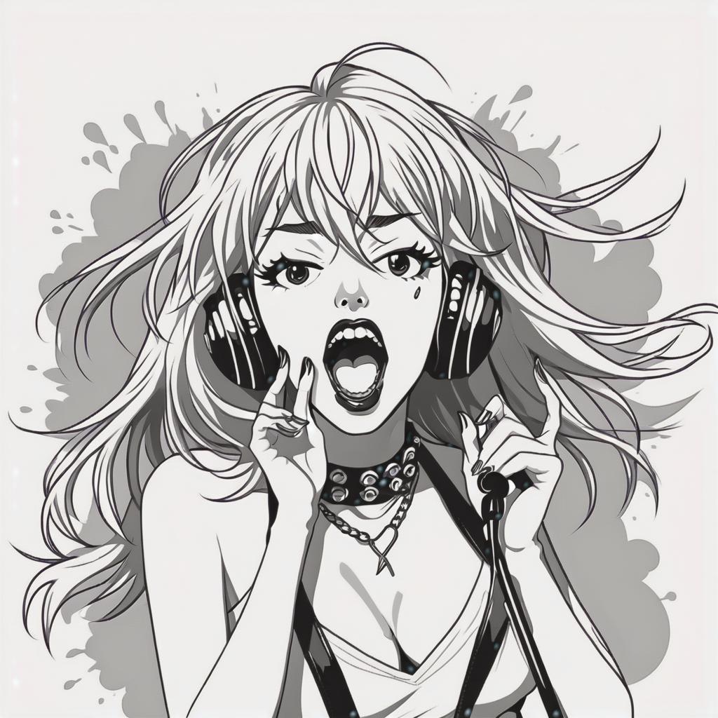  line art drawing screaming rock n roll singer girl, same nightmare. anime style . professional, sleek, modern, minimalist, graphic, line art, vector graphics