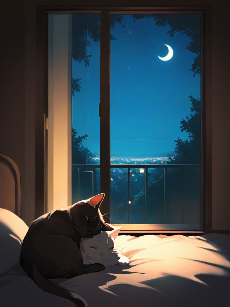  1cat,small cat ,japanese cat ,（（bed in dark room）），crescent moon on the window，sit on the bed ，look at the window ，view from the room to the window ，midnight,