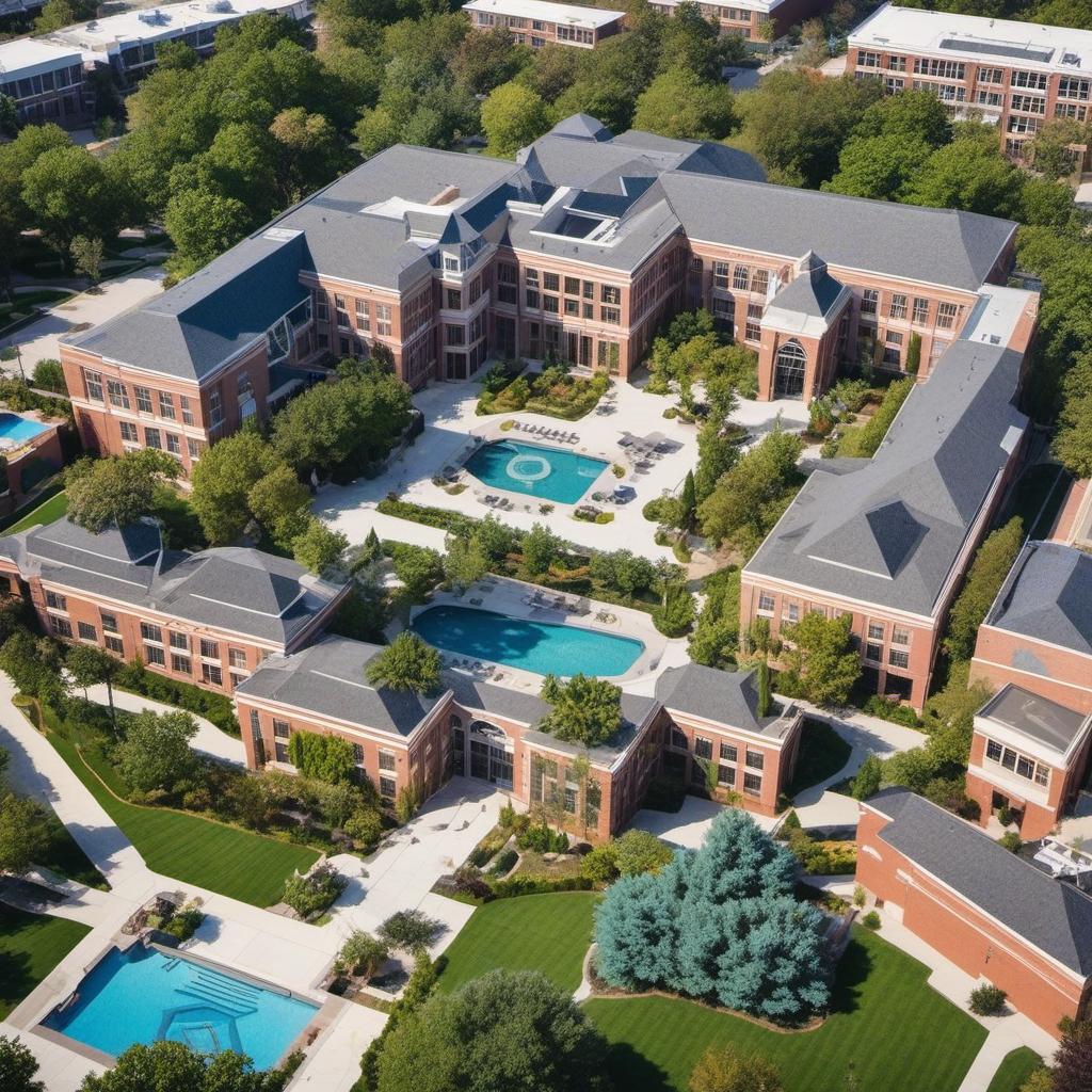  high school exterior aerial layout with lots of windows and a courtyard in the middle with a garden, pool and rooftop art space and curb appeal, mystical style