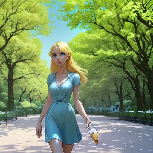  appearance: a girl with blue eyes, blonde hair long, beautiful face. walking through the park, where there are many green trees and eating ice cream, it is summer outside.