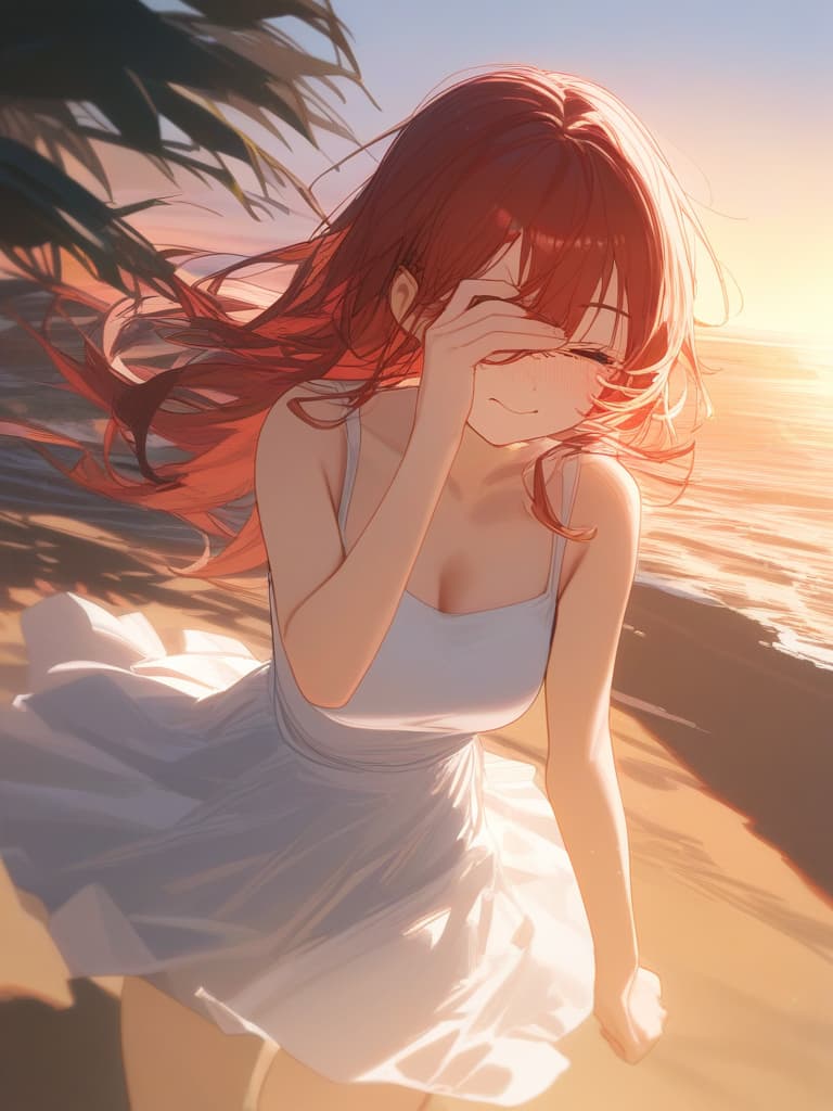  a masterpiece,one girl,delicate hair color,swaying hair,closed eye,crying face,( tears running down her cheeks),red cheeks,(((right hand covering her eye:1.2))),((( pow hand))),white dress,swaying hem,walking,sunset,beach in background,natural light,high quality,super resolution,super detailed,8k