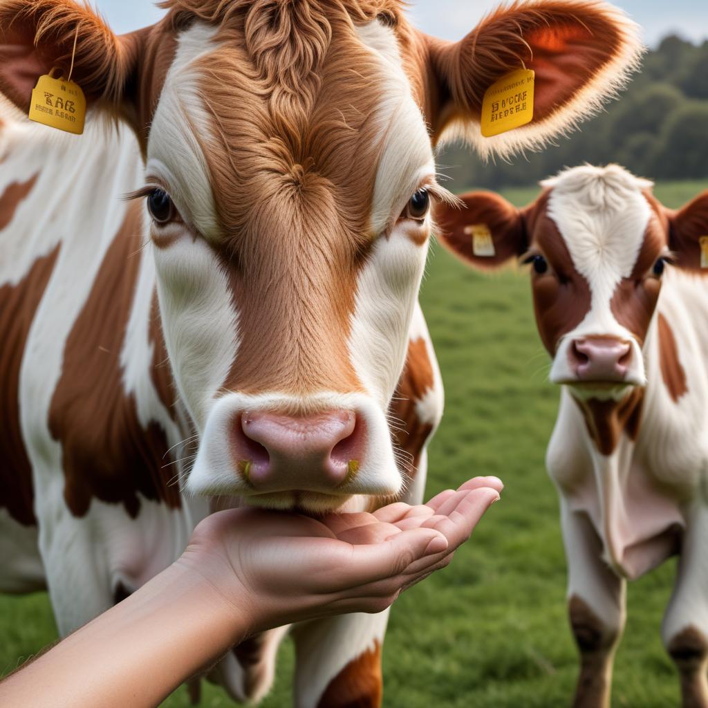  a small cow being gently held in someone's hand, showing a close-up of the calf. The hand should appear caring and protective, supporting the tiny cow. The background should be soft and blurred to keep the focus on the calf and the hand. hyperrealistic, full body, detailed clothing, highly detailed, cinematic lighting, stunningly beautiful, intricate, sharp focus, f/1. 8, 85mm, (centered image composition), (professionally color graded), ((bright soft diffused light)), volumetric fog, trending on instagram, trending on tumblr, HDR 4K, 8K