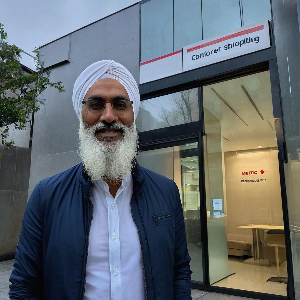  a man wearing a white turban and a long white beard stands in front of a building. he is wearing a white shirt and a dark blue jacket. the building has a sign that says "information" and a red stop sign. the man is smiling slightly, and he appears to be standing near a door of the building. the man is looking at the camera. convert this into a cartoonish picture also if there is a human or some object make their cartoonish version with proper detailing of face and other features  hyperrealistic, full body, detailed clothing, highly detailed, cinematic lighting, stunningly beautiful, intricate, sharp focus, f/1. 8, 85mm, (centered image composition), (professionally color graded), ((bright soft diffused light)), volumetric fog, trending on instagram, trending on tumblr, HDR 4K, 8K