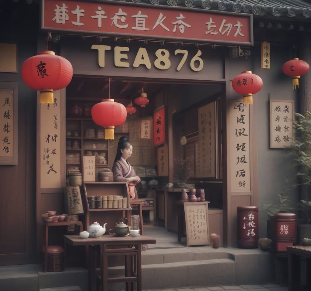  chinese town, tea store, tea ceremony, sign text “tea875”, epic foto, 4k