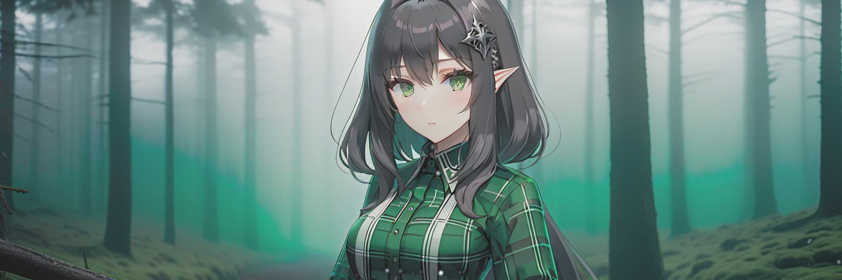  gothic style cute skinny anime girl with dark hair and light eyes on an empty white background gray eyes dark hair and a green plaid shirt . dark, mysterious, haunting, dramatic, ornate, detailed hyperrealistic, full body, detailed clothing, highly detailed, cinematic lighting, stunningly beautiful, intricate, sharp focus, f/1. 8, 85mm, (centered image composition), (professionally color graded), ((bright soft diffused light)), volumetric fog, trending on instagram, trending on tumblr, HDR 4K, 8K