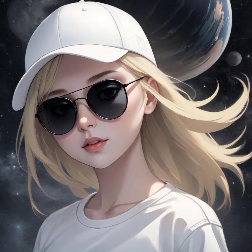  blonde girl in a white t shirt, dark sunglasses and a white cap, space