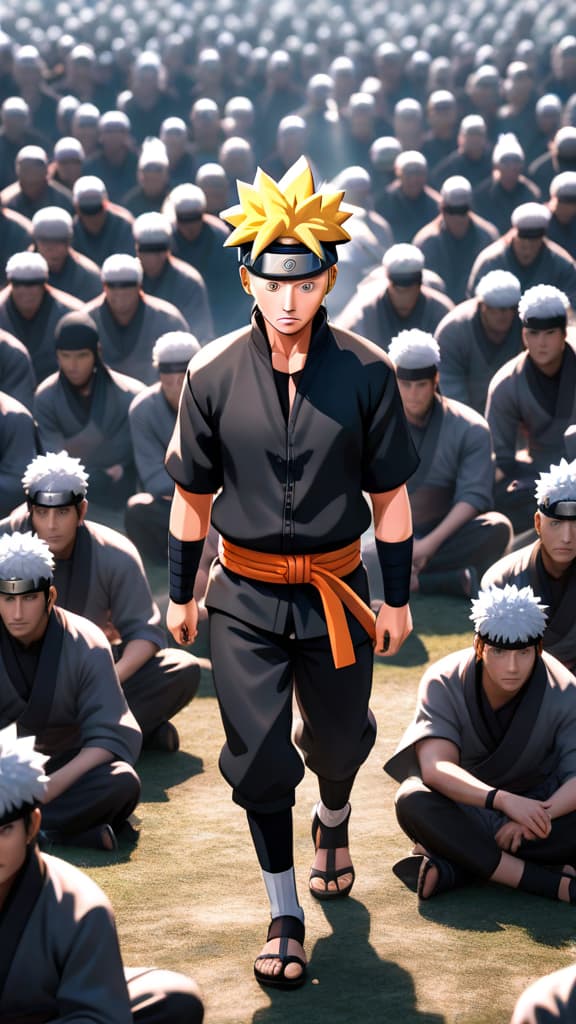  naruto from naruto anime performing shadow clone jutsu, surrounded by thousands of clones meditating and training, anime art hyperrealistic, full body, detailed clothing, highly detailed, cinematic lighting, stunningly beautiful, intricate, sharp focus, f/1. 8, 85mm, (centered image composition), (professionally color graded), ((bright soft diffused light)), volumetric fog, trending on instagram, trending on tumblr, HDR 4K, 8K