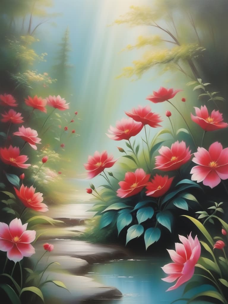  stylized, abstract painting featuring a floral arrangement. the layout is vertical, with the flowers and leaves extending upwards. the subject consists of vibrant red and pink flowers with smooth, rounded petals, and elongated green leaves. the background is a soft, muted gradient of light blues and greens, providing a gentle contrast to the bold colors of the flowers. the painting has a soft, almost blurred quality, giving it a dreamy and serene feel. there are no people, text, or logos present in the image.