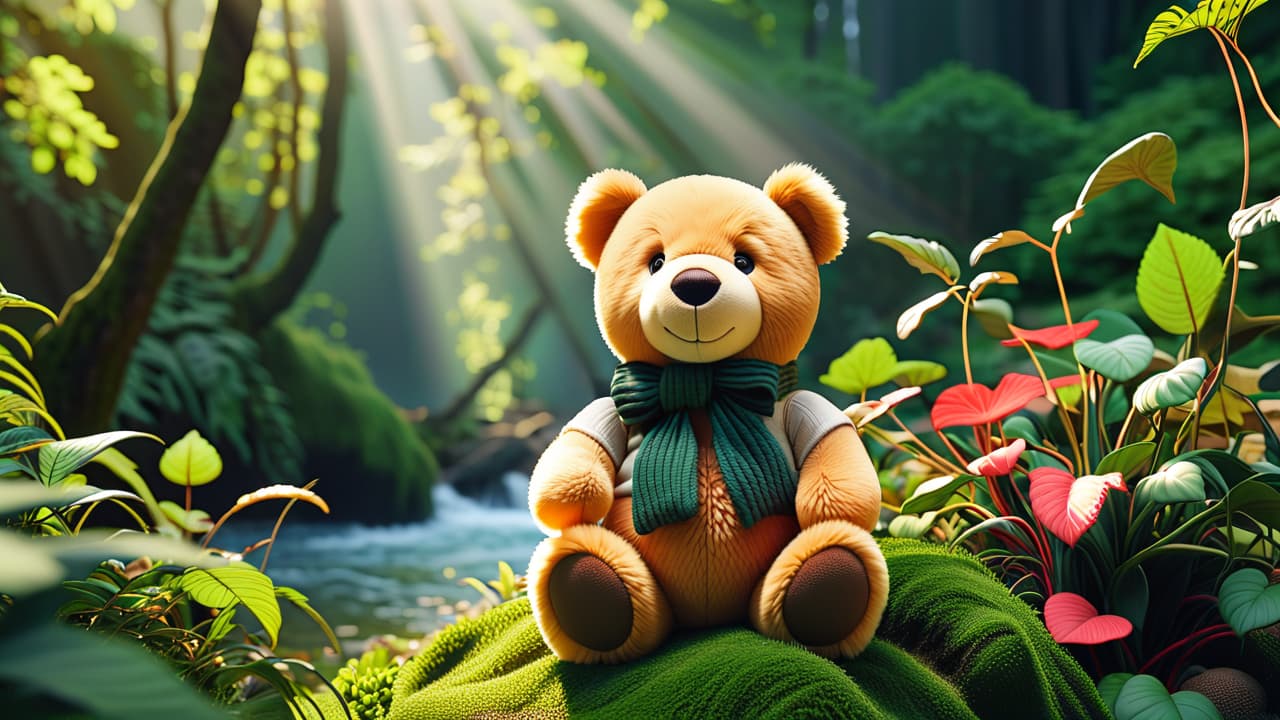  a cozy scene featuring a variety of eco friendly stuffed animals made from organic cotton and recycled materials, surrounded by lush greenery, soft sunlight filtering through leaves, and a gentle stream in the background. hyperrealistic, full body, detailed clothing, highly detailed, cinematic lighting, stunningly beautiful, intricate, sharp focus, f/1. 8, 85mm, (centered image composition), (professionally color graded), ((bright soft diffused light)), volumetric fog, trending on instagram, trending on tumblr, HDR 4K, 8K