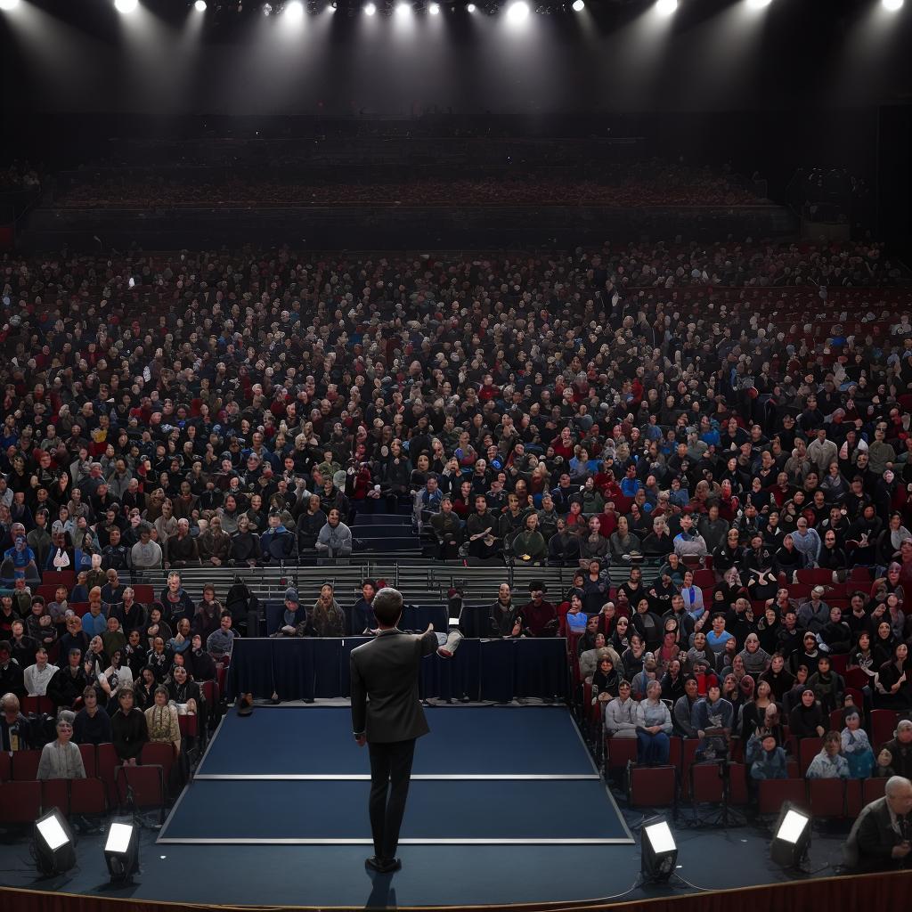  masterpiece, best quality, a performer standing on an empty stage, with a sea of audience members beyond, waiting and watching the stage in anticipation of the show.