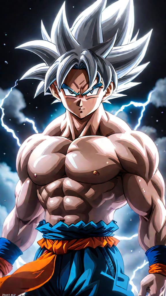  goku from dragon ball enveloped in a shimmering silver aura, achieving ultra instinct, anime art hyperrealistic, full body, detailed clothing, highly detailed, cinematic lighting, stunningly beautiful, intricate, sharp focus, f/1. 8, 85mm, (centered image composition), (professionally color graded), ((bright soft diffused light)), volumetric fog, trending on instagram, trending on tumblr, HDR 4K, 8K