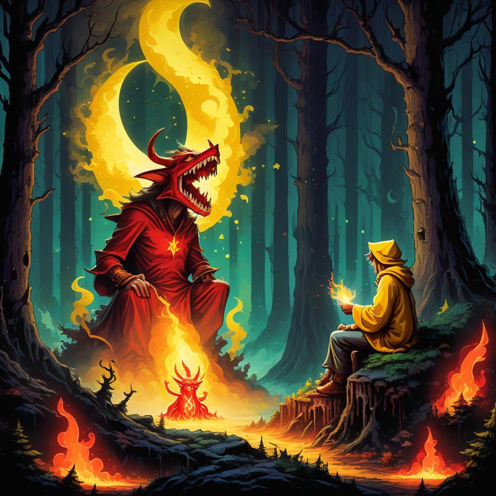  retro game art in a gloomy forest, a toothy sorcerer sits and looks at fiery demons shrouded in yellow smoke with red threads of green sparks moon star rays of white light . 16 bit, vibrant colors, pixelated, nostalgic, charming, fun