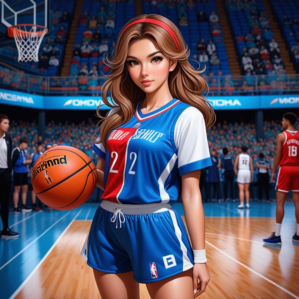  anime art very beautiful, deer girl, tan skin woman, amber doe eyes, has deer tail , has deer tail, light brown hair, round lips, straight eyebrows, button nose, round shaped face, lean figure, long legs, blue and white basket ball jersey, basketball court., award winning, professional, highly detailed, masterpiece