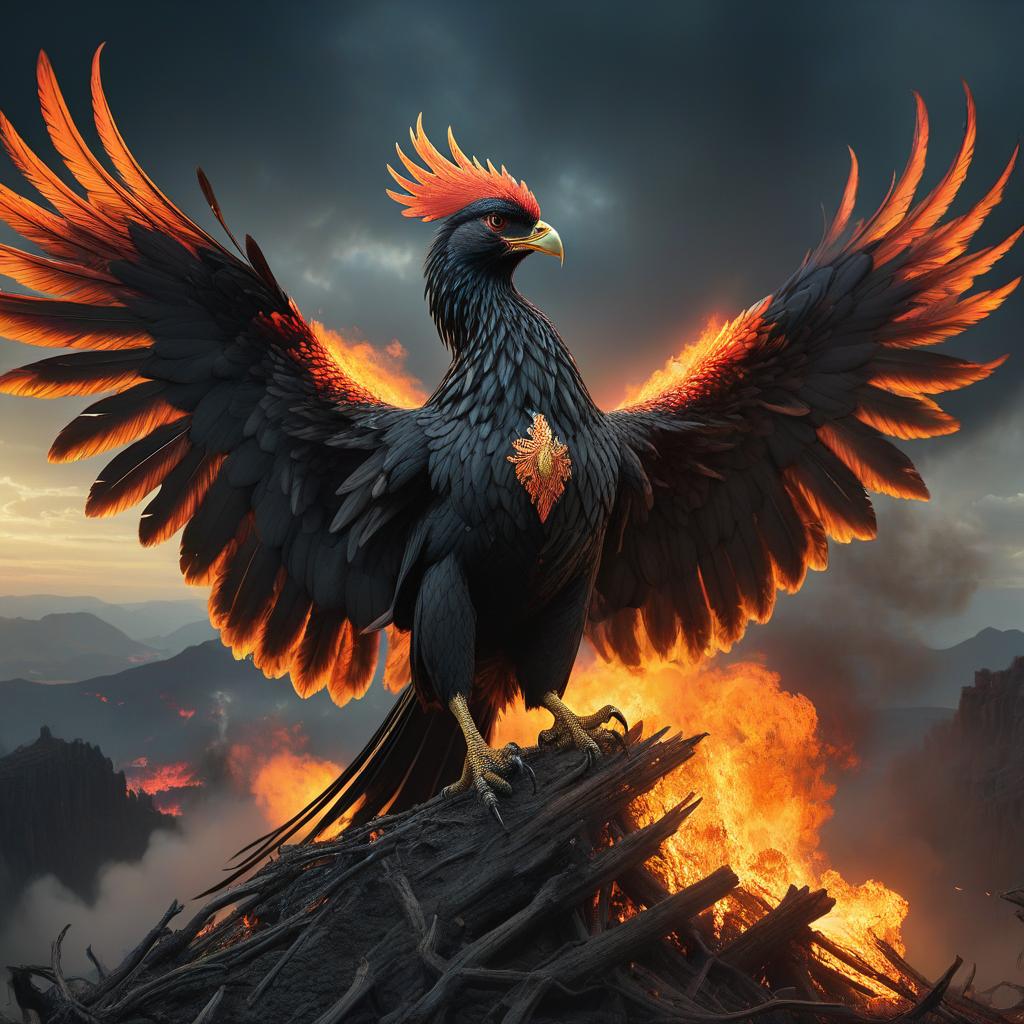  concept art black phoenix in the burning sky . digital artwork, illustrative, painterly, matte painting, highly detailed, hkmagic hyperrealistic, full body, detailed clothing, highly detailed, cinematic lighting, stunningly beautiful, intricate, sharp focus, f/1. 8, 85mm, (centered image composition), (professionally color graded), ((bright soft diffused light)), volumetric fog, trending on instagram, trending on tumblr, HDR 4K, 8K