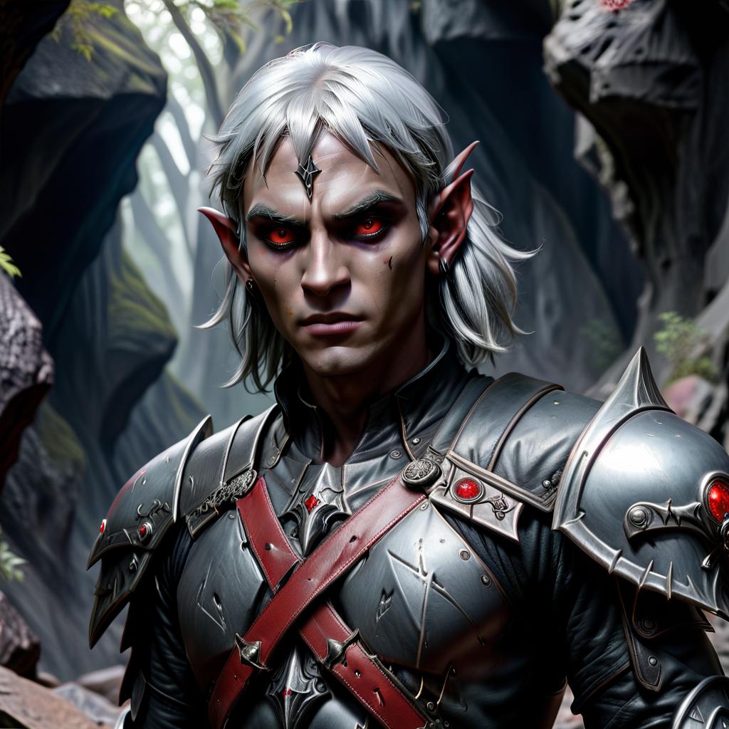  macabre style drow male elf cleric, dark grey graphite color skin, red eyes, silver medium haircut, black leather armor, battle mace, impudent arrogant rude grimace, travelers shoulder bag, half body view, dark cave . dark, gothic, grim, haunting, highly detailed, civitai