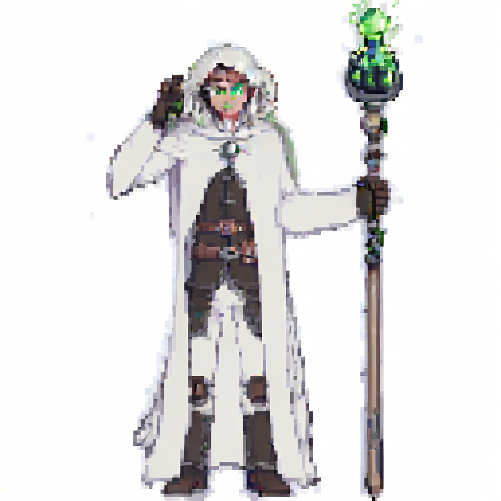  pixel art human , alchemist , wizard, white cape , green eyes, brown hair with white hair on top, potion in hand, . low res, blocky, pixel art style, 8 bit graphics