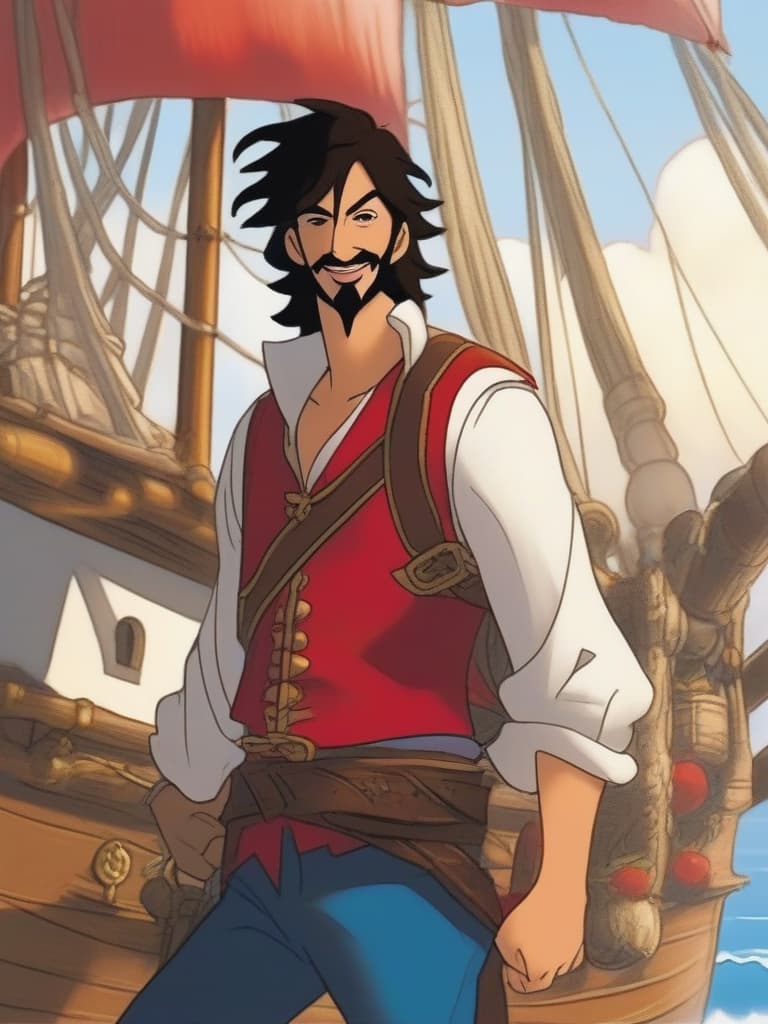  masterpiece,one man,shaggy shorthair,black hair,straw hat,smile,scar under right eye,red vest,blue pants,pirate ship