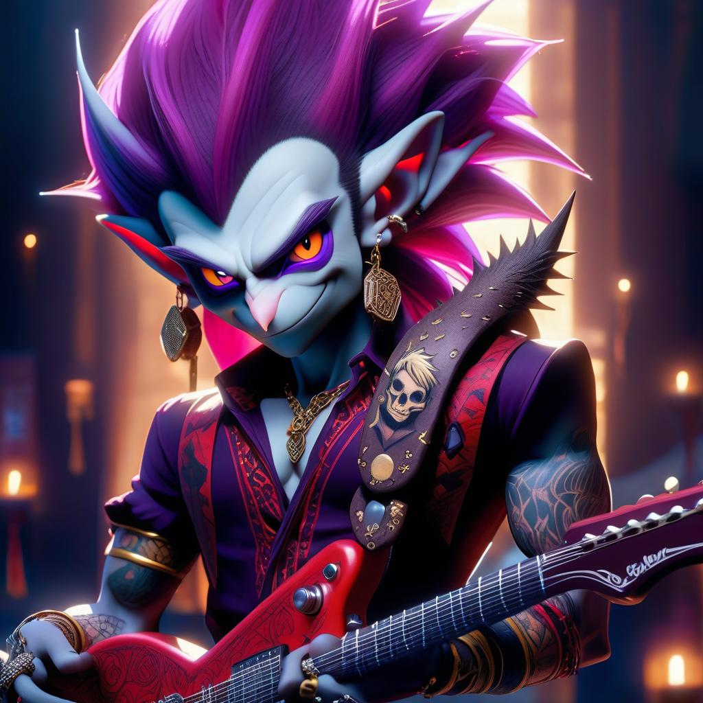  kawaii style a dark elf male rock performer with a guitar in his hands, his face turned straigh marble white skin, purple scarlet hair, lavender eyes with a red tint, dressed in a red violet shirt embroidered with red gold over the shirt wears , hairstyle in the style of hedgehog hair. an earring in the right ear, in the shape of a month. the crescent moon tattoo . cute, adorable, brightly colored, cheerful, anime influence, highly detailed hyperrealistic, full body, detailed clothing, highly detailed, cinematic lighting, stunningly beautiful, intricate, sharp focus, f/1. 8, 85mm, (centered image composition), (professionally color graded), ((bright soft diffused light)), volumetric fog, trending on instagram, trending on tumblr, HDR 4K, 8K