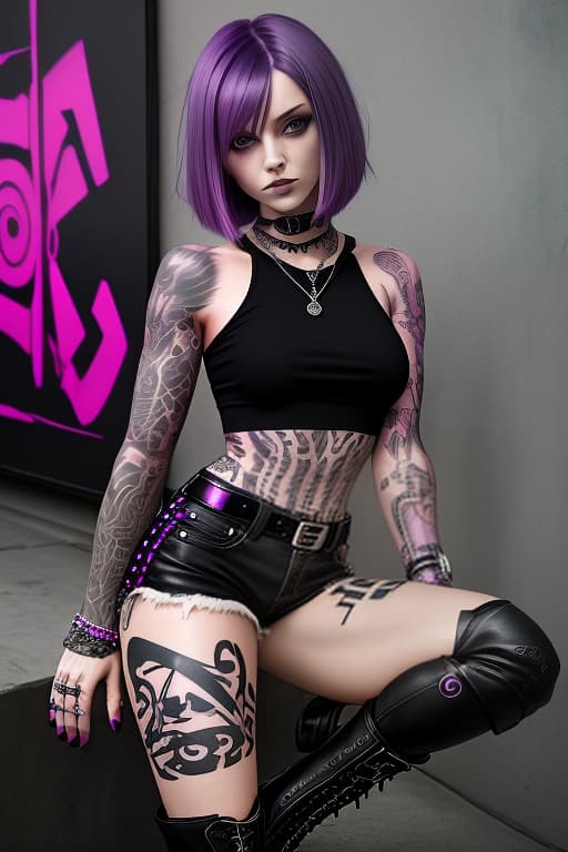  girl with purple hair, cascading bob haircut. black and pink top, tattoos on arms. bracelets, black shorts, black boots, metal rocker chick. agent