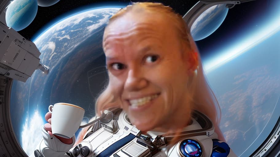 The girl is drinking coffee on the space station, through the transparent dome a beautiful unknown planet with moons can be seen. hyperrealistic, full body, detailed clothing, highly detailed, cinematic lighting, stunningly beautiful, intricate, sharp focus, f/1. 8, 85mm, (centered image composition), (professionally color graded), ((bright soft diffused light)), volumetric fog, trending on instagram, trending on tumblr, HDR 4K, 8K
