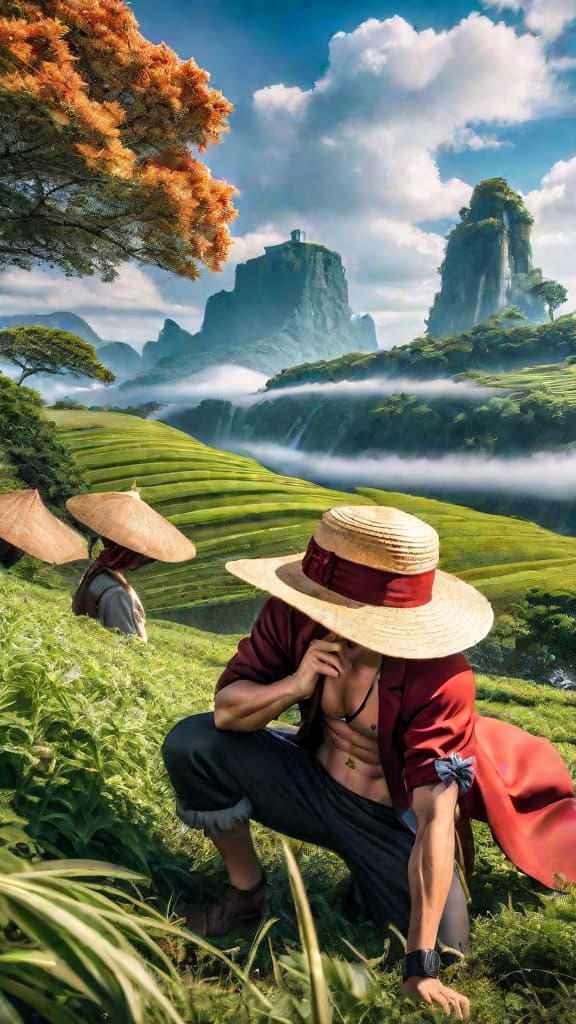  anime art: luffy returning the straw hat to red haired shanks in a monumental reunion amid elbaf's giants. hyperrealistic, full body, detailed clothing, highly detailed, cinematic lighting, stunningly beautiful, intricate, sharp focus, f/1. 8, 85mm, (centered image composition), (professionally color graded), ((bright soft diffused light)), volumetric fog, trending on instagram, trending on tumblr, HDR 4K, 8K