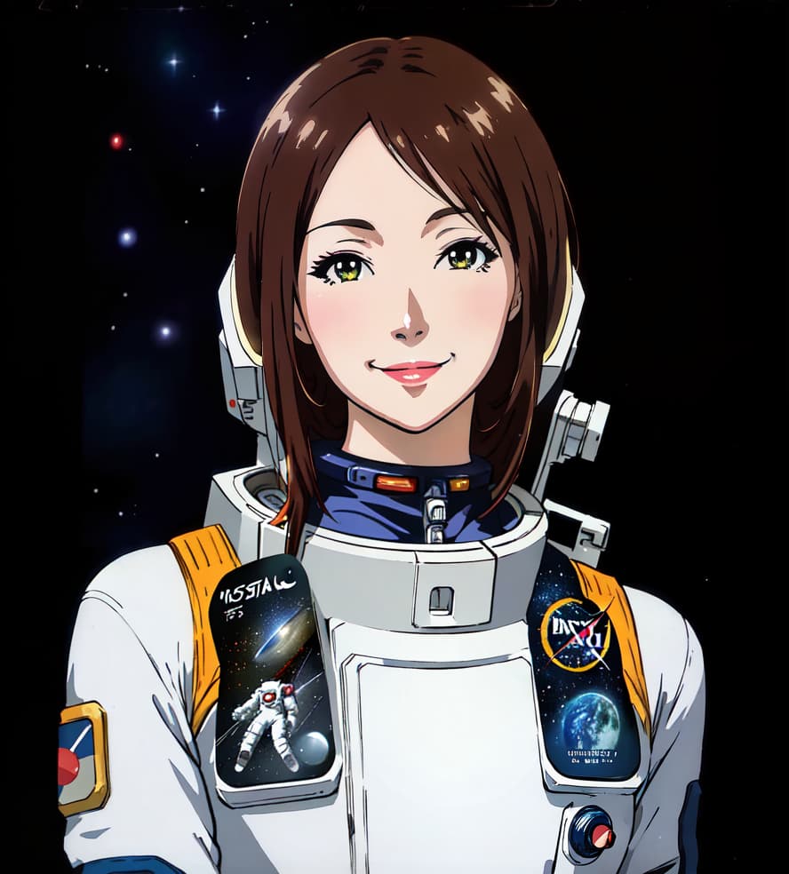  anime style, astronaut, space background, wearing space suit, comic book style, vibrant colors, detailed spaceship interior, character smiling, warm lighting hyperrealistic, full body, detailed clothing, highly detailed, cinematic lighting, stunningly beautiful, intricate, sharp focus, f/1. 8, 85mm, (centered image composition), (professionally color graded), ((bright soft diffused light)), volumetric fog, trending on instagram, trending on tumblr, HDR 4K, 8K