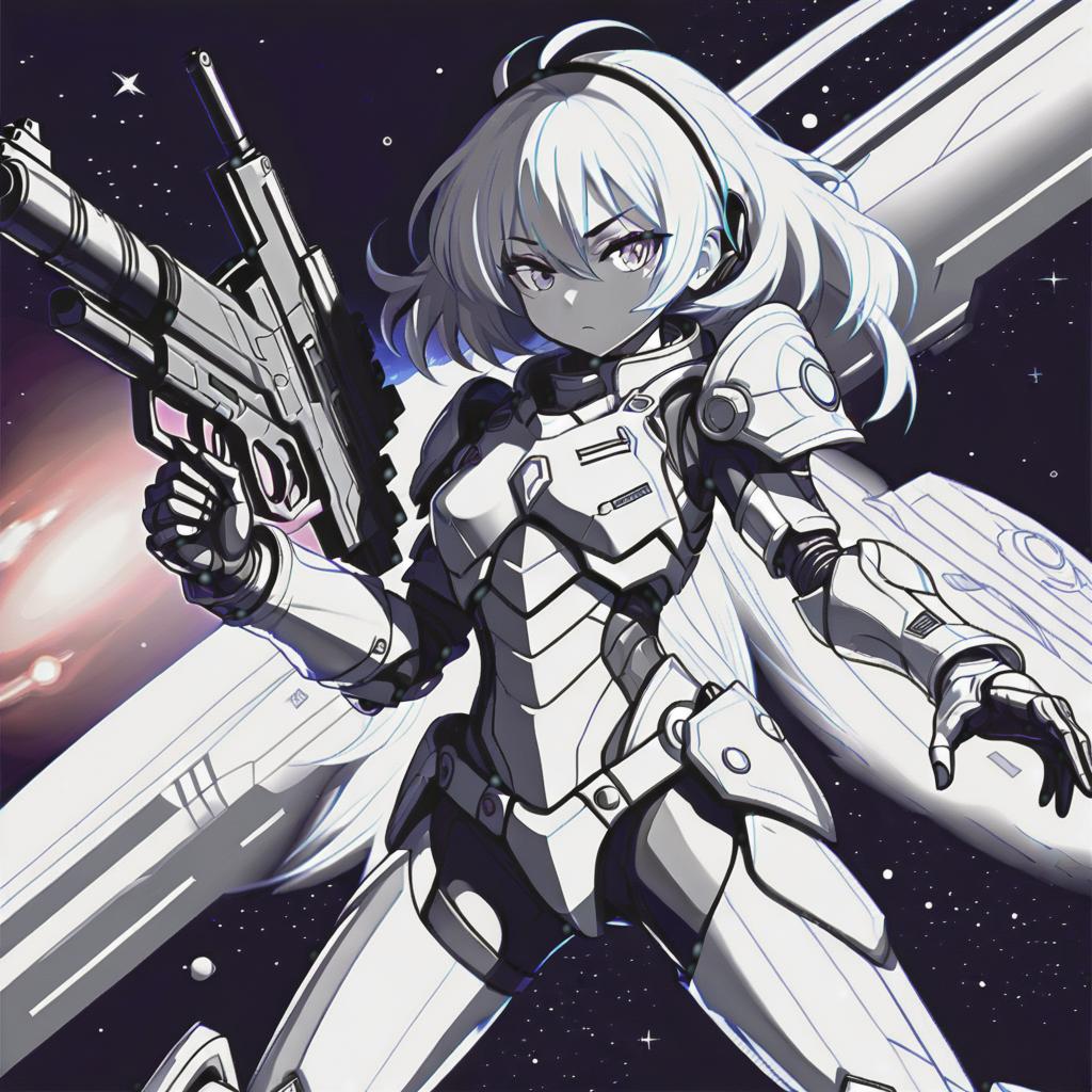  line art drawing girl in space armor, battle stance with gun, same nightmare. anime style . professional, sleek, modern, minimalist, graphic, line art, vector graphics