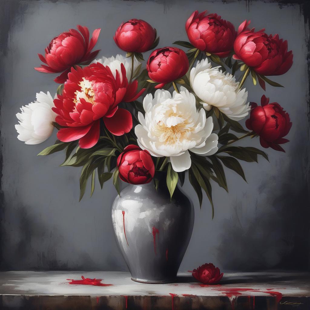  grunge style red and white, by c f. white peonies and red peonies in a vase on the table, dark grey wall. still life, oil on canvas. . textured, distressed, vintage, edgy, punk rock vibe, dirty, noisy