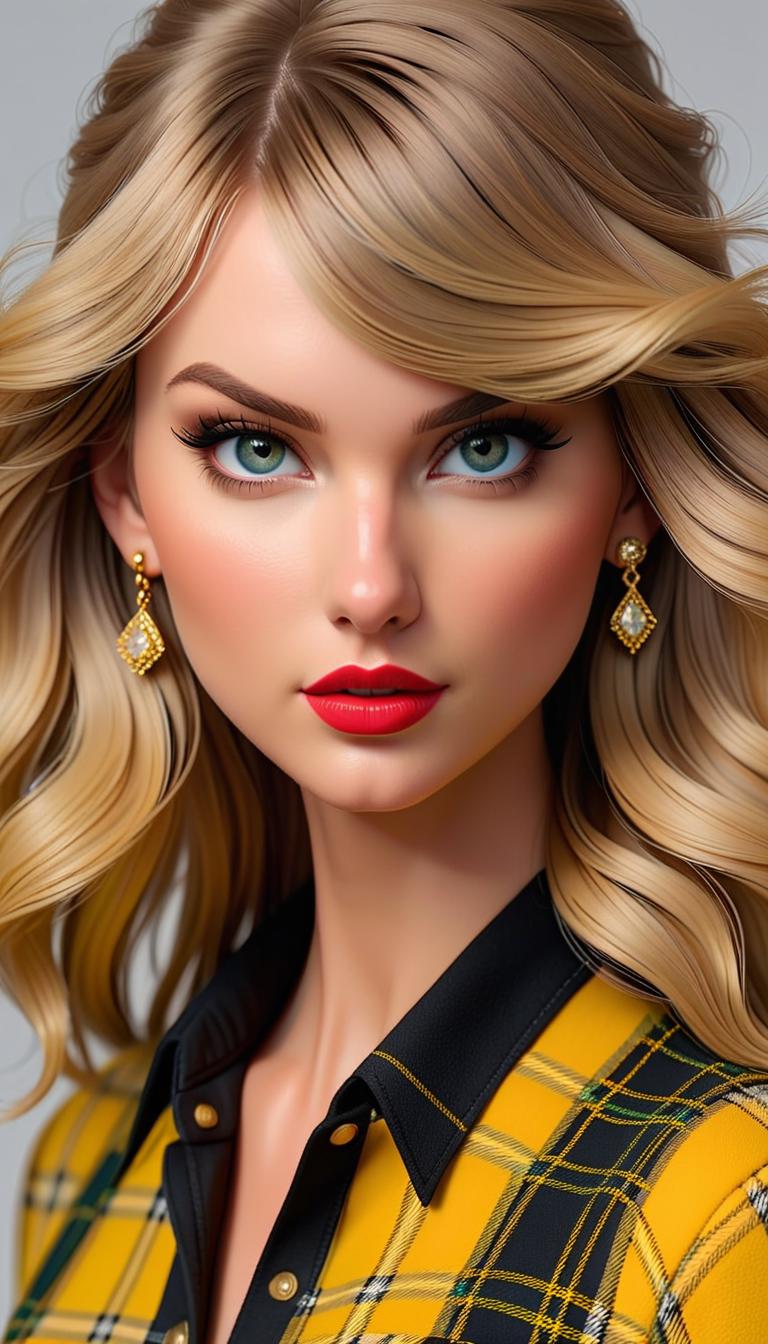  professional 3d model of taylor swift wearing black and yellow plaid . rendered with octane, the model is highly detailed,dramatic lighting. hyperrealistic, full body, detailed clothing, highly detailed, cinematic lighting, stunningly beautiful, intricate, sharp focus, f/1. 8, 85mm, (centered image composition), (professionally color graded), ((bright soft diffused light)), volumetric fog, trending on instagram, trending on tumblr, HDR 4K, 8K