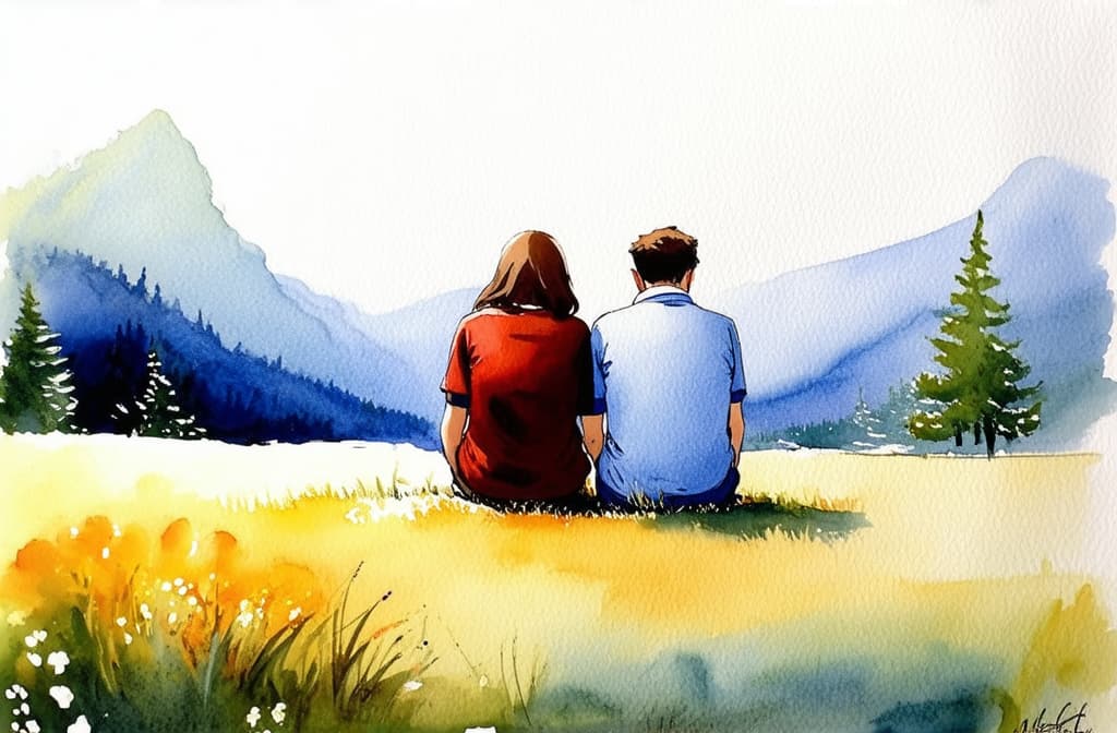  artwork couple a man and a woman sit together bowing their heads on their shoulders and looking into the distance at a beautiful view relationships outdoor recreation dream travel family ar 3:2, watercolor techniques, featuring fluid colors, subtle gradients, transparency associated with watercolor art