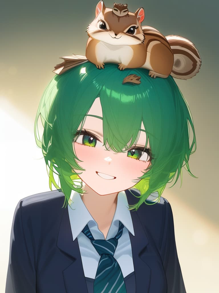  1girl,18yo,(((black high school uniform:1.5))),green hair, (((green graduated haircut hair:1.5))),(((very smile:1.3))),chipmunk,(((chipmunk on head:1.8)))