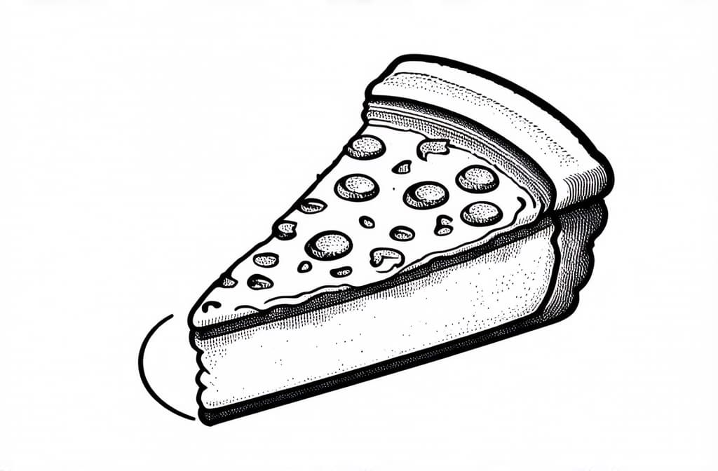  contour, very simple image in one unbroken black ink line, single line of pizza slice, engraving illustration, icon isolated on white background ar 3:2 using a single continuous black line ink brushon white background, drawing should be created without lifting the pen, recognizable features of pizza slice, engraving illustration, icon isolated on white background ar 3:2 in one unbroken line